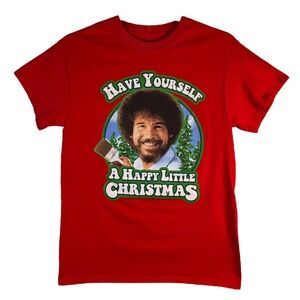 Bob Ross Men's S‎ Red Christmas Graphic Tee Funny Retro Holiday Shirt